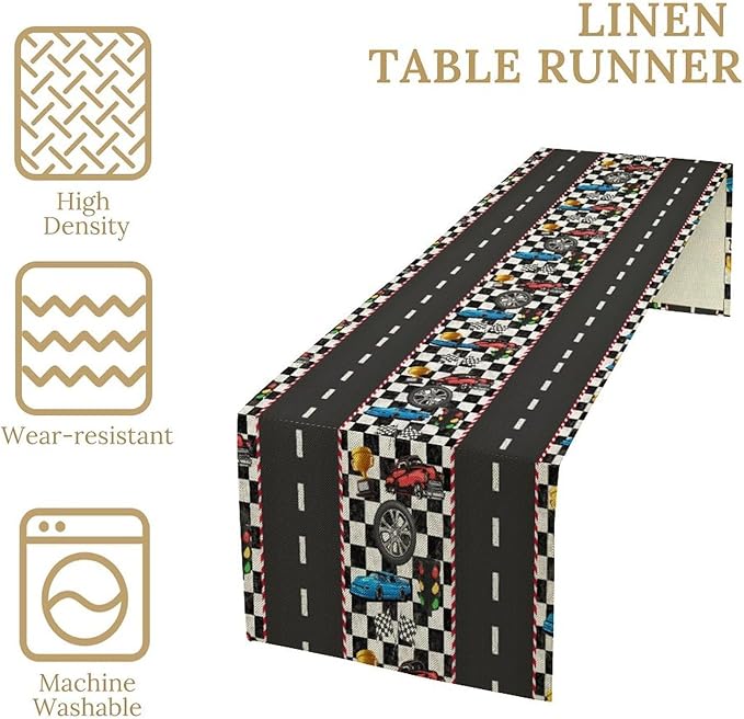 Race Car Table Runner,Checkered Flag Black and White Race Cars Pattern Print Tablecloth Burlap for Hotel Indoors Outdoor Dining Room Kitchen Home Decor,W13X L108 in