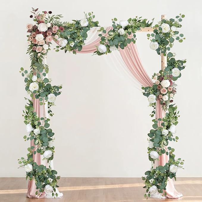 SOMYTING Artificial Flower Garland, Artificial Rose Vine Fake Flower Garland Silk Rose Peony Hanging Vine Faux Floral Garlands for Wedding Party Arch Table Wall Backdrop Decoration (White, 4PCS)