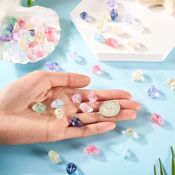 66Pcs Glass Conch Shell Beads Colorful Spiral Shells Glass Crystal Beads Transparent Spray Paint Ocean Beach Seashell Bead Marine Life Bead for DIY Craft Bracelet Earring Jewelry Making