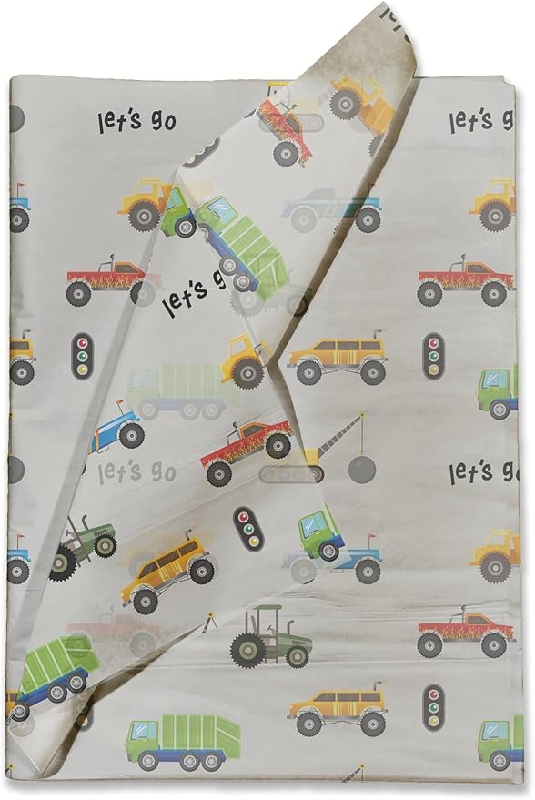 Pro Supply Global Trucks Printed Tissue Paper for Birthday Party Gift Bags or Boxes and Wrapping - Bulk Decorative Art Tissue Paper for Packaging and Gifting | 24 Sheets 20" x 30"