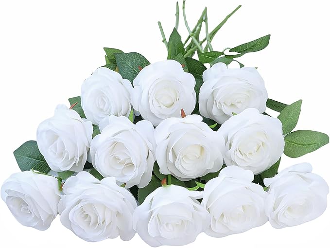 12pcs Roses Artificial Flowers White Silk Roses with Long Stems Fake Flowers for Wedding Bouquet Centerpices Decorations Party Bridal Baby Shower Home Decor