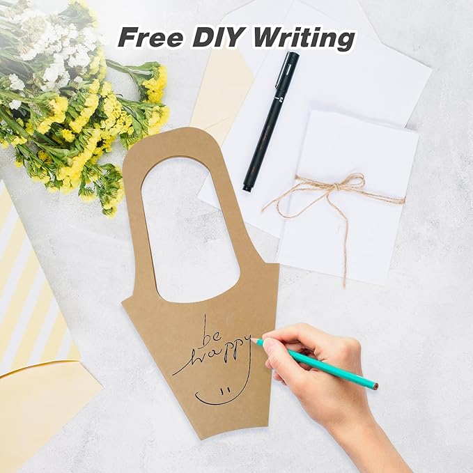 Jeqqinuz 100 PCS Flower Bags for Bouquets, Kraft Paper Gift Bags with Handle, Floral Wrapping Paper for Bouquet Packaging, Wedding Graduation Party Favors, Brown Cone Sleeves Home Decoration