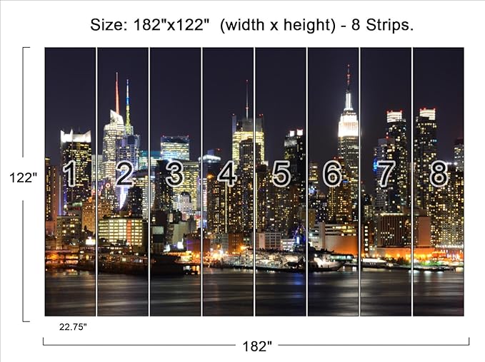 Manhattan Night View Wall Mural, 182" x 122" (8 Panels, Non-Self-Adhesive, Silk Material, Urban Theme)