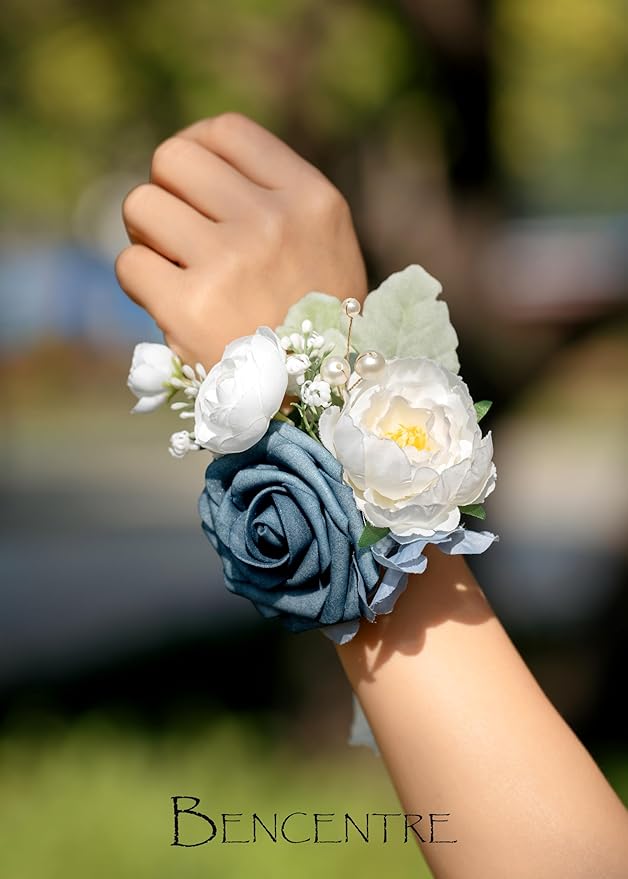 Dusty Blue Corsages for Wedding(Set of 6),Corsages for Prom,Party Prom Hand Flower Decor,Mother of The Bride Corsage,Bridesmaid Wrist Corsage
