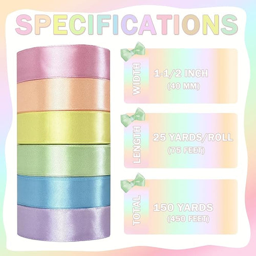 150 Yards Macaron Satin Ribbon 1-1/2 Inch 6 Rolls Assortment Ribbons for Crafts Gift Wrapping Flower Bouquet Wedding Invitations Birthday Party Festival Decoration Hair Bows