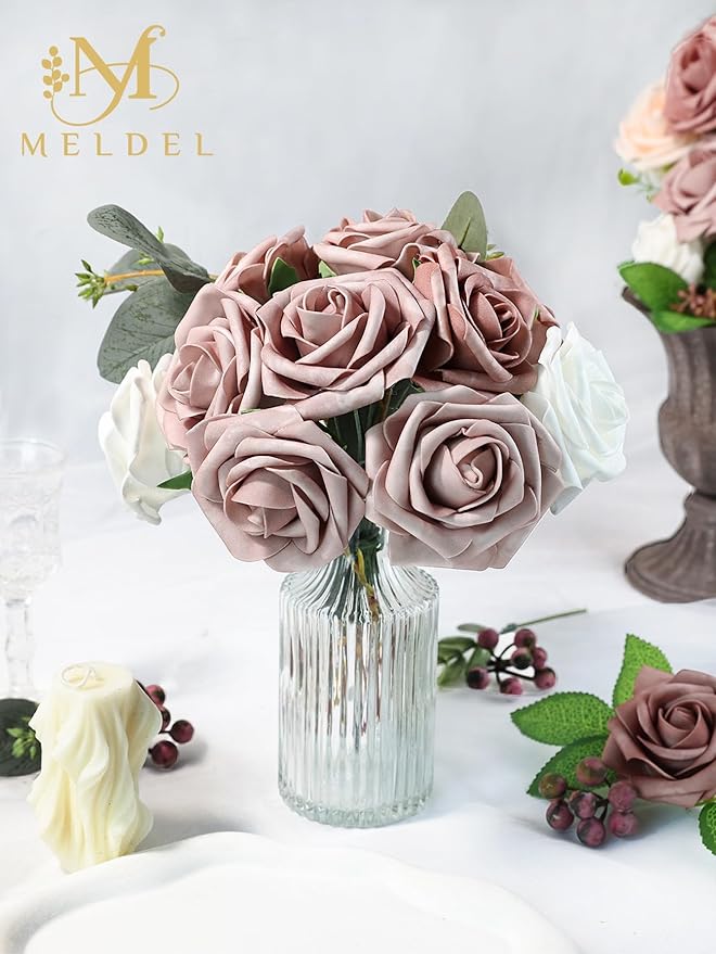 Meldel Artificial Flower 25pcs Real Touch Dusty Pink Rose Fake Foam Roses with Stems for DIY Wedding Bouquets Gifts Bridal Shower Faux Floral Centerpieces Arrangements Home Party Tables Decorations