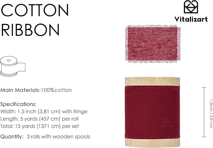 Vitalizart Burgundy Red Ribbon 1-1/2" x 15 Yd 100% Cotton Handmade Frayed Fringe Fabric Ribbons for Gift Wrapping Wedding Invites Bridal Shower Bouquets Christmas Decorations