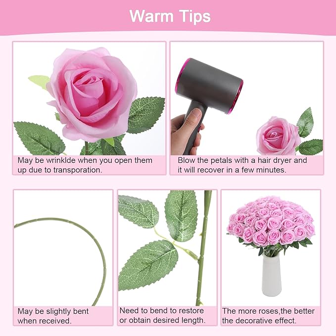 50Pcs Pink Roses Artificial Flowers Fake Roses Faux Velvet Silk Flower for Home Wedding Decoration (Pearl Rose, Gradient Pink)