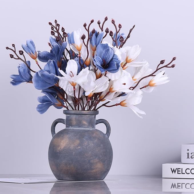 5.9in Rustic Ceramic Farmhouse Flower Small Vase, Black Terracotta Pottery Decorative Vases Distressed, Round Vases with Handles for Home Wabi Sabi Coffee Table Entryway Decor or Kitchen Utensils