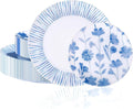 U-QE 50Pcs Blue Plastic Plates - Botanical Stripes Plates Disposable Heavy Duty, Fancy Floral Pattern Perfect for Weddings, Tea Parties, Holidays - 10.25" Dinner & 7.5" Dessert Plastic Plate