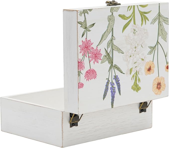 Small Decorative Box with Hinged Lid Wooden Handmade Keepsake Storage Box Floral Printed Jewelry Box Rustic Trinket Box - 7.9 x 6.5 x 3.4 Inches