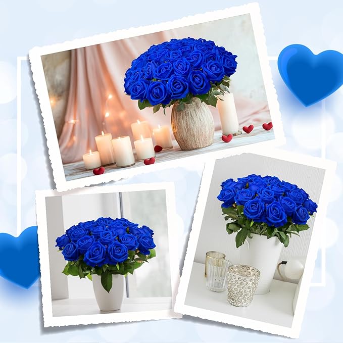 Bulk Artificial Flowers 100 PCS, Fake Velvet Silk Blue Roses with Long Stems Realistic Bouquet for Wedding Centerpieces, Faux Arrangement for Home Table Decor