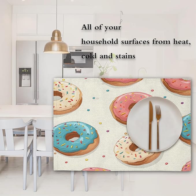 Donuts Placemats, Place Mats Set of 4, Heat Resistant Place Mats, Washable Table Mats for Dining Table, Non-Slip Stain Resistant Kitchen Table Placemats, Food Donut
