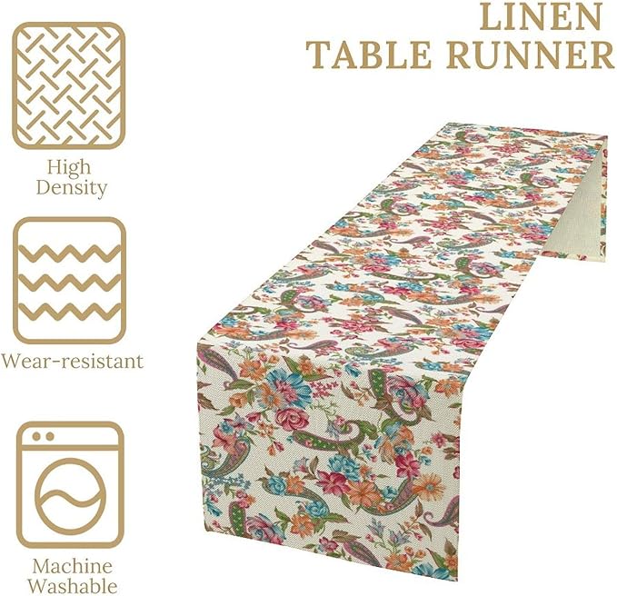 Boho Floral Table Runner, Colorful Bohemian Paisley Flower Design Table Runner for Kitchen Dining Home Party Decor, 13x108 Inch