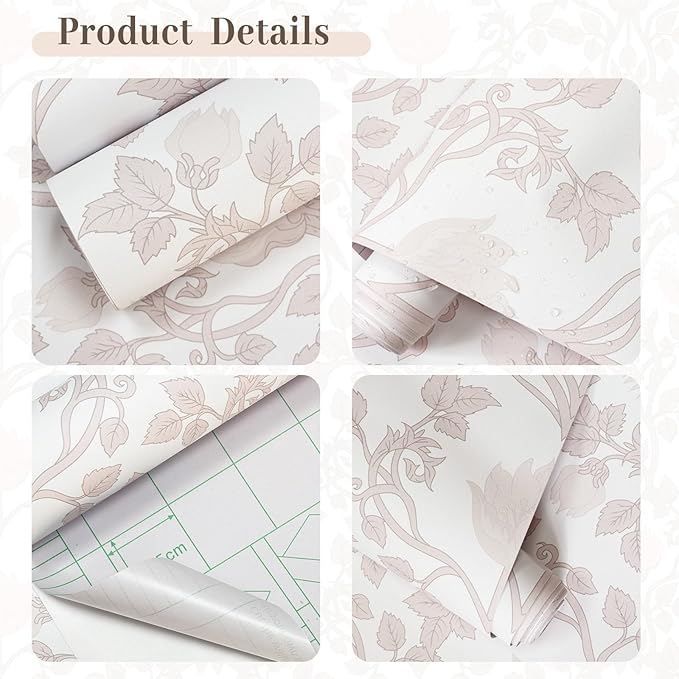 17.3"×236.2" Pink Wallpaper Peel and Stick, Floral Wallpaper for Bedroom Bathroom Self Adhesive Removable
