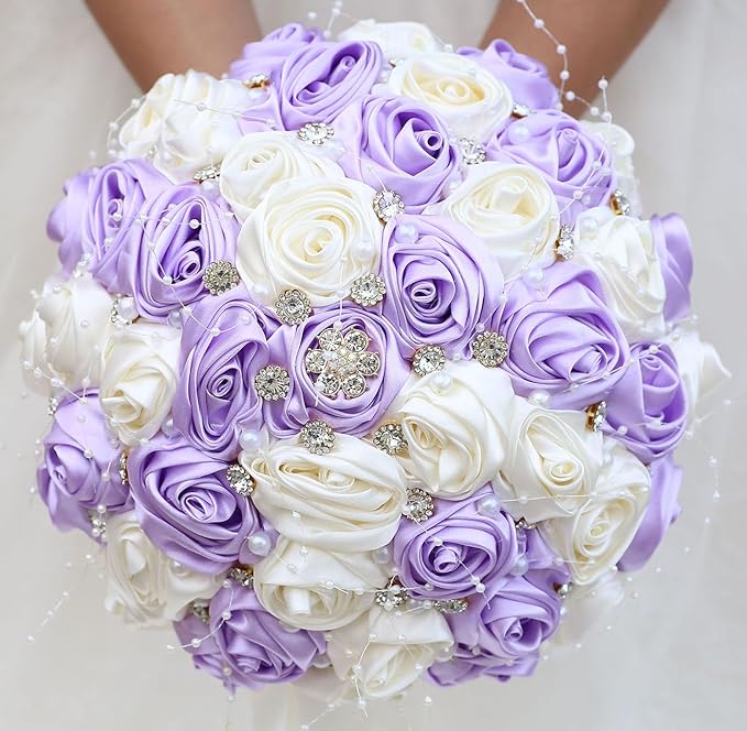 Bridal Wedding Bouquet Round Bling Brooch Bouquet Throw Toss Artificial Rose Flower Bunch for Bride Bridesmaid Wedding Quinceanera(Light Purple & Ivory, 9.8")