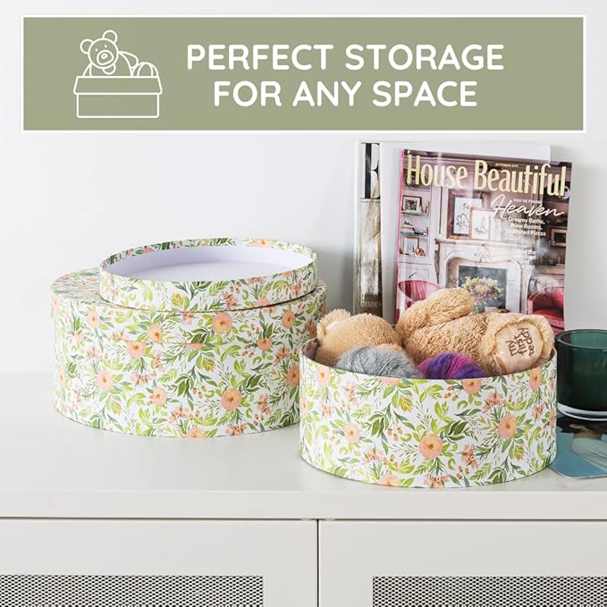 Soul & Lane Wild Flowers Oval Storage Boxes for Home Décor - Set of 2: Floral Gift Boxes with Lids for Presents, Decorative Photo Storage Cartons, Stackable Paperboard Containers for Organizing