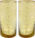 Hosley Set of 2 Mercury Gold Glass Vases – Elegant Flower Pots for Boho Decor, Wedding Gifts, Decorative Centerpieces, Hurricane Style Vase for Home, Events, and DIY Crafts