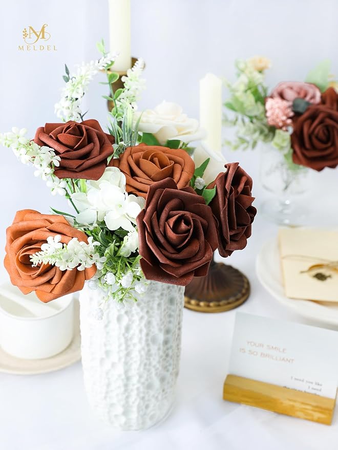 Meldel Artificial Flower 25pcs Real Touch Amber Fake Foam Roses with Stems for DIY Wedding Bouquets Gifts Bridal Shower Faux Floral Centerpieces Arrangements Home Party Tables Decorations