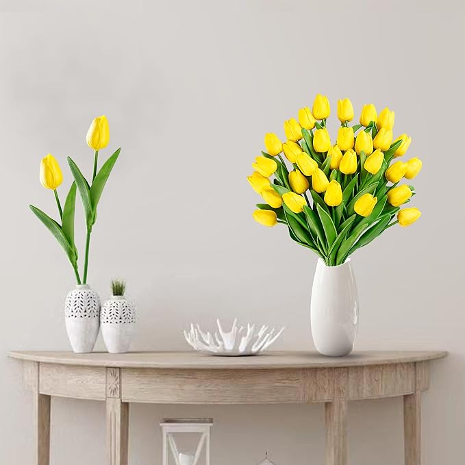 Sggvecsy 15 Pcs Fake Tulips Artificial Flowers Real Touch PU Faux Flowers Tulip Stems for Wedding Spring Bouquet Floral Arrangement Home Party Office Decorations for Mother's Day (Yellow)