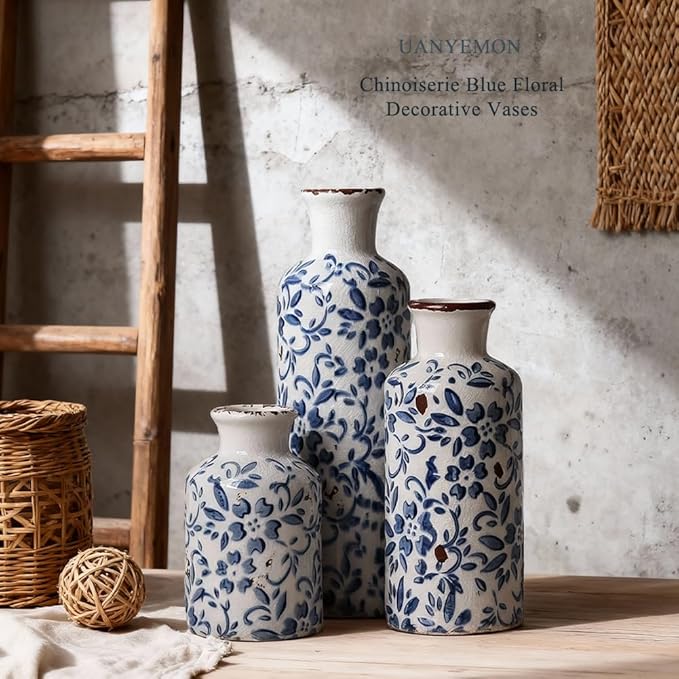 Ceramic Vase Set of 3 - Modern Chinoiserie Blue Floral Decorative Vases for Home Decor, Rustic Farmhouse Boho Vases for Living Room, Mantel, Dining Table, Bookshelf, Kitchen or Entryway Decoration