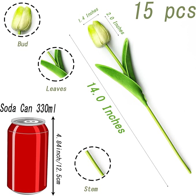 SITUMEIZI 15pcs White Flowers Artificial Tulips Fake Silk Flowers 14" in Bulk Home Kitchen Easter Wedding Decor Spring Easter Bouquet Decorations Floral Arrangements Real Touch Flower