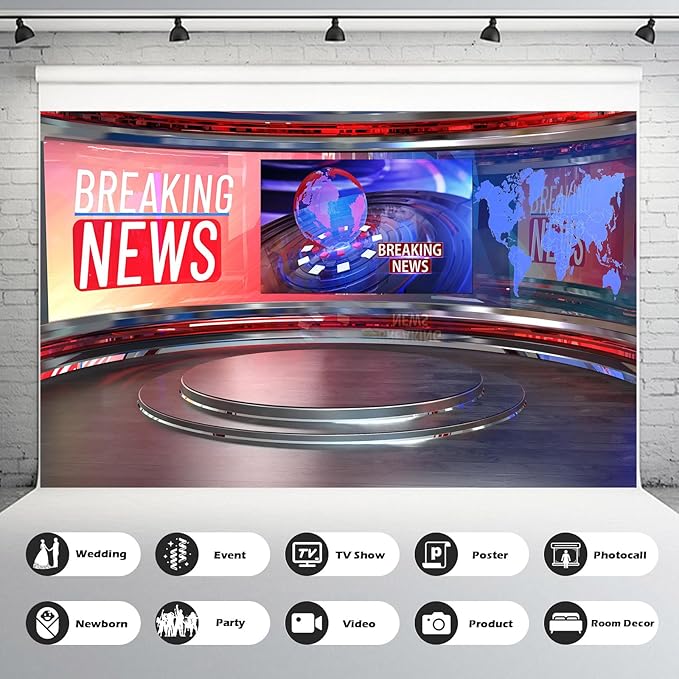 Breaking News Backdrop Studio TV News Broadcast Hall Background News Room Broadcasting Photography Background Program Record News Report Business Newsman Backdrop Kids Portrait Photo Props 15x8ft