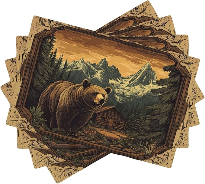 Cabin Bear Placemats Set of 4 Washable Table Mats Rustic Wildlife Hunting Forest Mountain Heat-Resistant Cotton Linen Place Mats for Dining Table Kitchen Indoor Outdoor Party Holiday Decor