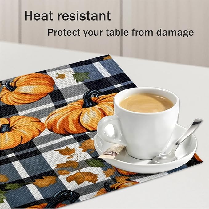 Halloween Pumpkin Placemats, Place Mats Set of 4, Heat Resistant Place Mats, Washable Table Mats for Dining Table, Non-Slip Stain Resistant Kitchen Table Placemats, Black Buffalo Plaid
