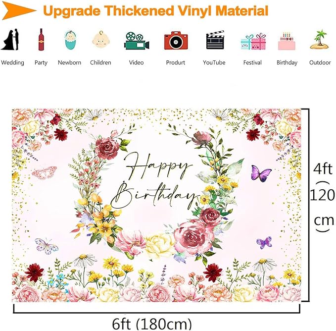 InMemory Spring Wildflower Backdrop Wild flower Birthday Decorations for Girl,Watercolor Butterfly Floral Happy Birthday Banner Background for Wildflower 1st Bday Party Supplies Photobooth Props 6x4ft