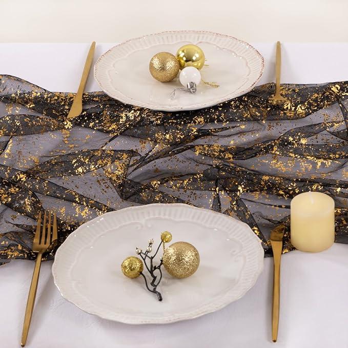 Socomi Christmas Snow Table Runner Gold Gauze Sheer Chiffon Cheesecloth Sequin 10FT Glitter Metallic Foil Dining Wedding Birthday Party Fall Winter Holiday Centerpiece Table Decor 3pcs Black