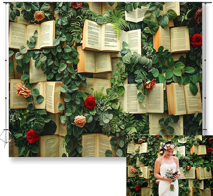 10x8FT Book Flowers Photo Backdrop Vintage Books Page Red Rose Flowers Weeding Background for Birthday Wedding Party Portrait Decoration Supplies Photo Booth Props KUBDJ1002