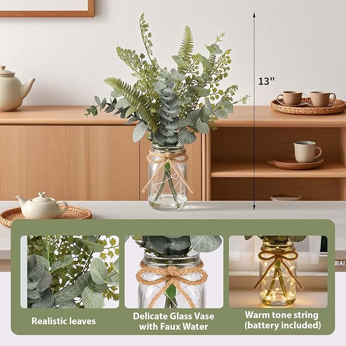 Artificial Eucalyptus Stems in Glass Vase with Faux Water, 13” Fake Plants Mix Eucalyptus Leaves with Lights, Faux Greenery Plants Decorations Home Office Farmhouse Wedding Centerpiece Décor