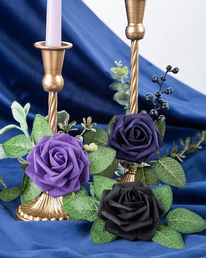 DuHouse 25Pcs Artificial Roses Flowers Fake Roses with Stems Real Touch Foam Flowers for DIY Wedding Bouquet Baby Shower Centerpiece Halloween Floral Arrangement Party Home Decor(Black)