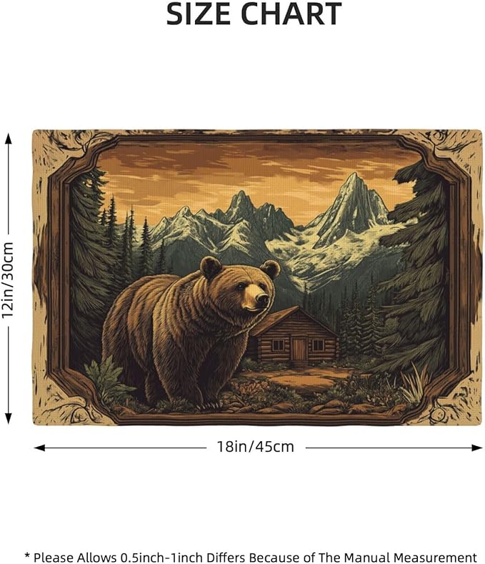 Cabin Bear Placemats Set of 6 Washable Table Mats Rustic Wildlife Hunting Forest Mountain Heat-Resistant Cotton Linen Place Mats for Dining Table Kitchen Indoor Outdoor Party Holiday Decor