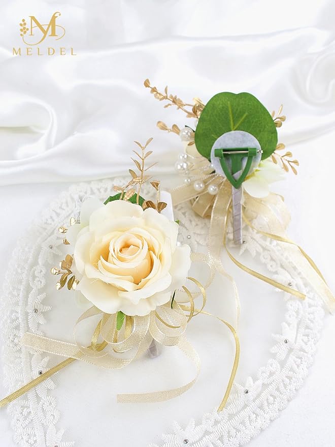 Meldel Champagne Corsage and Boutonniere Set,Boutonniere for Men,Groomsmen and Groom Boutonniere for Wedding,Rose Wrist Corsages Bracelets for Mother of Bride,Bridesmaids,Girls,Women,Prom,Homecoming