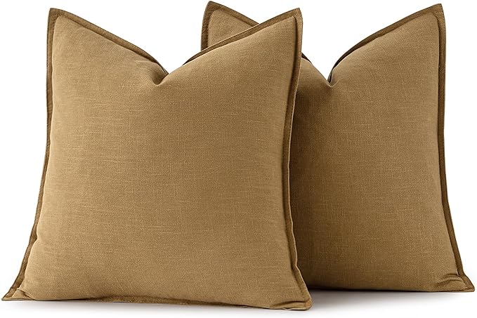 MIULEE Decorative Linen Euro Sham Pillow Covers 24x24 Mustard Yellow Boho Farmhouse Neutral Couch Throw Pillows for Bed Pack of 2 Accent Modern Pillowcase Summer Sofa Livingroom Home Decor