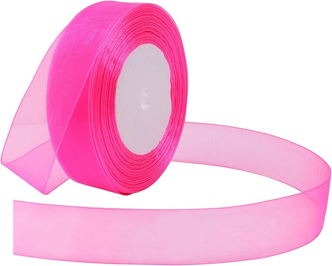 Hot Pink Ribbon for Gift Wrapping 1 inch Sheer Organza Ribbon for Flower Bouquet Tulle Thin Chiffon Ribbons for Wedding Invitations Presents Decorations Crafts 50 Yards