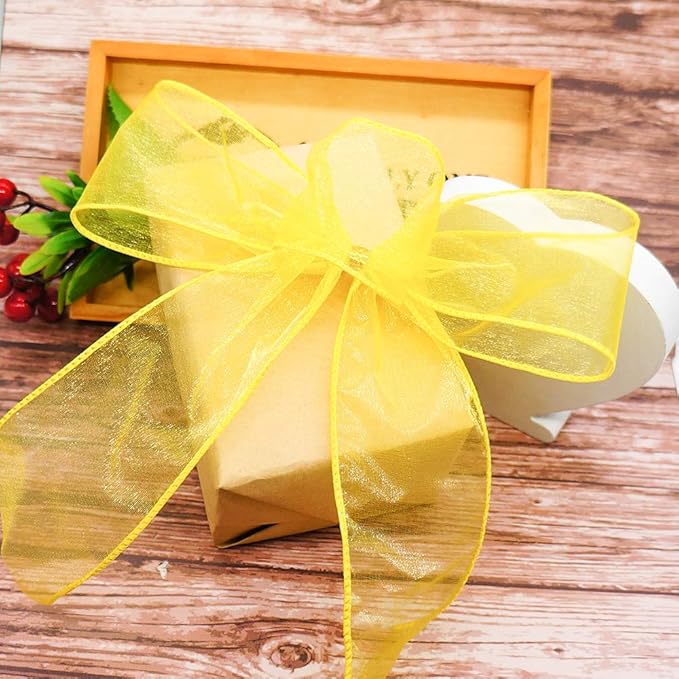 CT CRAFT LLC Sheer Organza Wired Ribbon 2.5" x 25 Yards x 2 Rolls Yellow for Wedding Chair Bow Flora Bouquet Gift Wrapping Christmas Tree Home Decor Wreath