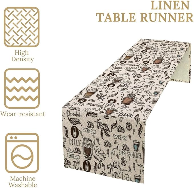 Coffee Theme Table Runner Coffee Time Espresso Seasonal Dinner Runner for Retro Farmhouse Kitchen Dining Coffee Table Decoration Cabin Home Holiday Party 13x120in