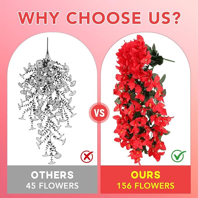 Artificial Bougainvillea Flowers for Outdoor Plant,12 pcs Faux Hanging Flowers Bougainvillea for Outside Decoration,Fake Silk UV Resistant Vines for Front Door Porch(Red)