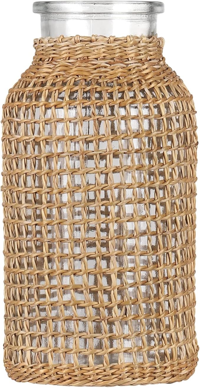 WHJY Boho Glass Vase, Rattan Vase, Farmhouse Rattan Décor, Round Flower Vase Basket Vase for Floral Arrangements -6.3 inch