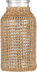 WHJY Boho Glass Vase, Rattan Vase, Farmhouse Rattan Décor, Round Flower Vase Basket Vase for Floral Arrangements -6.3 inch