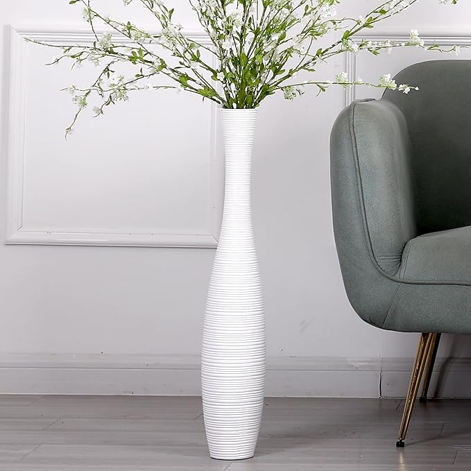 Leewadee Decorative Tall Floor Vase for Living Room Decor, 26 inches, White, Resin