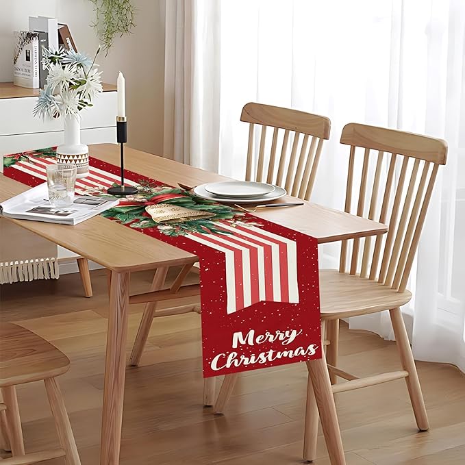 Christmas Table Runner– Elegant Merry Christmas Design with Golden Bell, Greenery & Red Bow, Festive Holiday Table Decoration for Dining Table, Kitchen & Home Décor