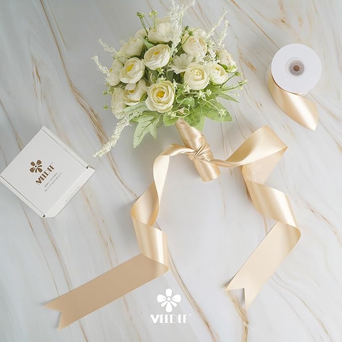 MEEDEE Champagne Satin Ribbon 2 Inch Champagne Ribbon Lux Double Faced Ribbons by 25 Yards Silk Satin Ribbons for Gift Wrapping, Wedding, Flower Bouquet, Holiday Decorating