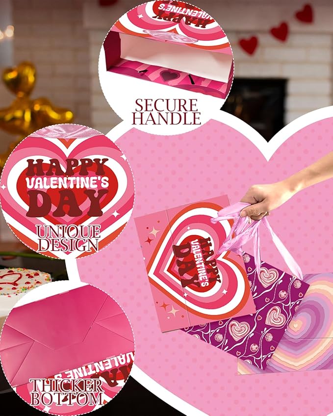 qiqee Valentine 5PCS Wide Gift Bag with Tissue Paper Assorted Size Present Wrap Bags For Lover (3 PCS Medium Size+2 PCS Large Size)