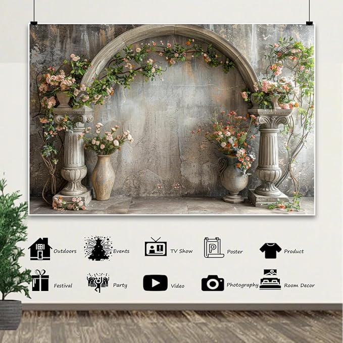 7x5ft Vintage Flower Backdrop Pink Boho Floral Wedding Wall Retro European Arch Green Grass Nature Photography Background Princess Birthday Bridal Shower Anniversary Valentines Day Decor