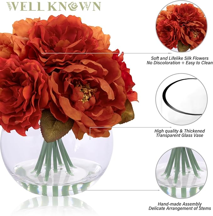 Artificial Flowers in Vase, Silk Peonies Flowers for Vase with Faux Water, Burnt Orange Fake Flower Arrangement for Fall Winter Dinning Wedding Christmas Party Table Centerpieces Decor & Mom's Gift