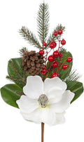 Briful White Magnolia Christmas Flower Branches, 2 Pack 18.9in Artificial Magnolia Floral Picks and Spray with Pinecones Berries for Xmas Tree Vase Arrangements Decor